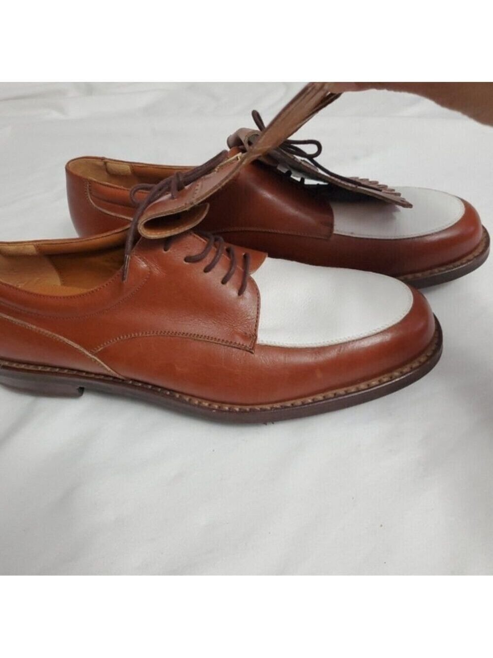 Salvatore Ferragamo Vintage Leather Kiltie Golf Shoes Tan & White - Picture 11 of 12